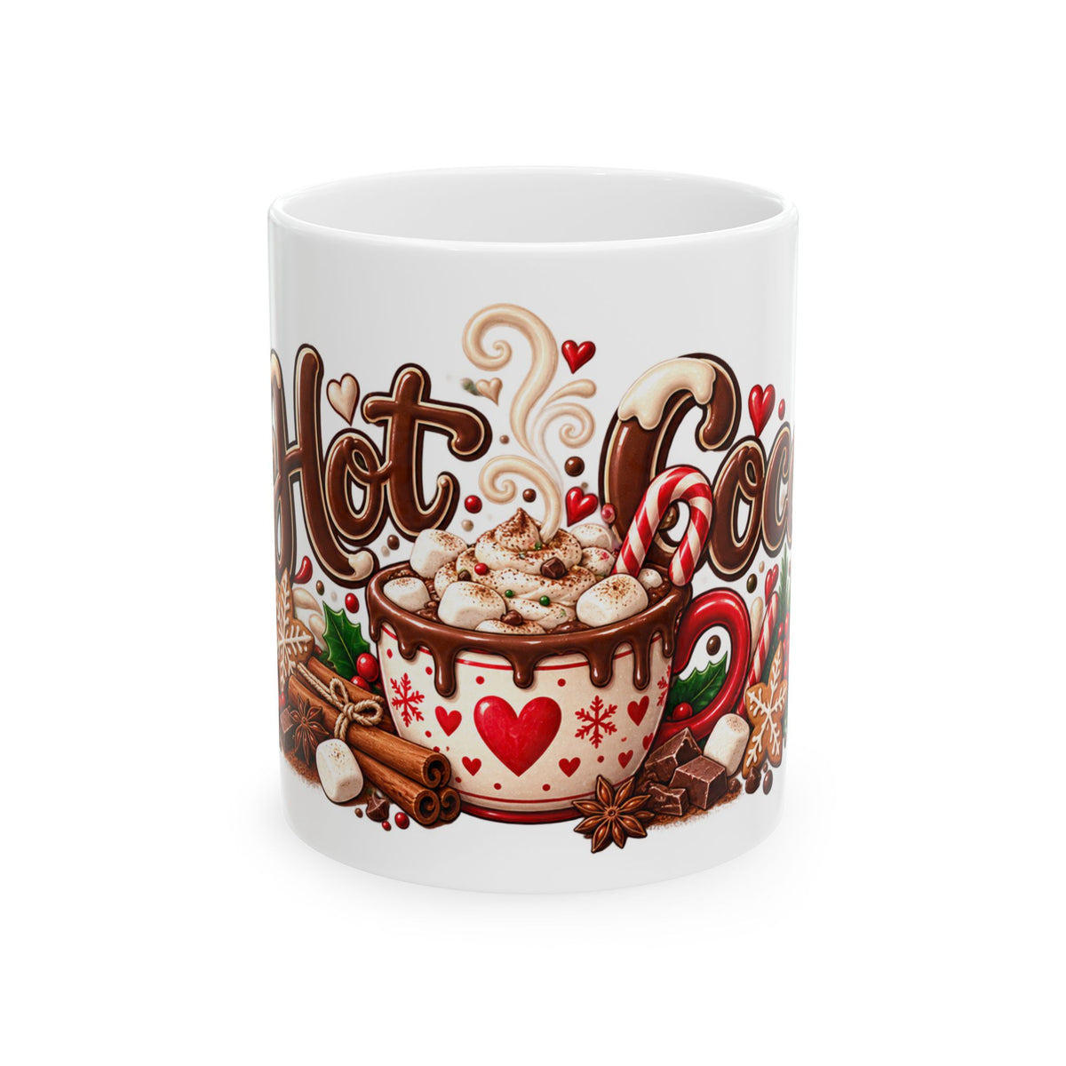 Hot Cocoa Ceramic Mug – Festive Holiday Hot Chocolate Cup with Candy Cane & Marshmallow Design (11oz, 15oz)