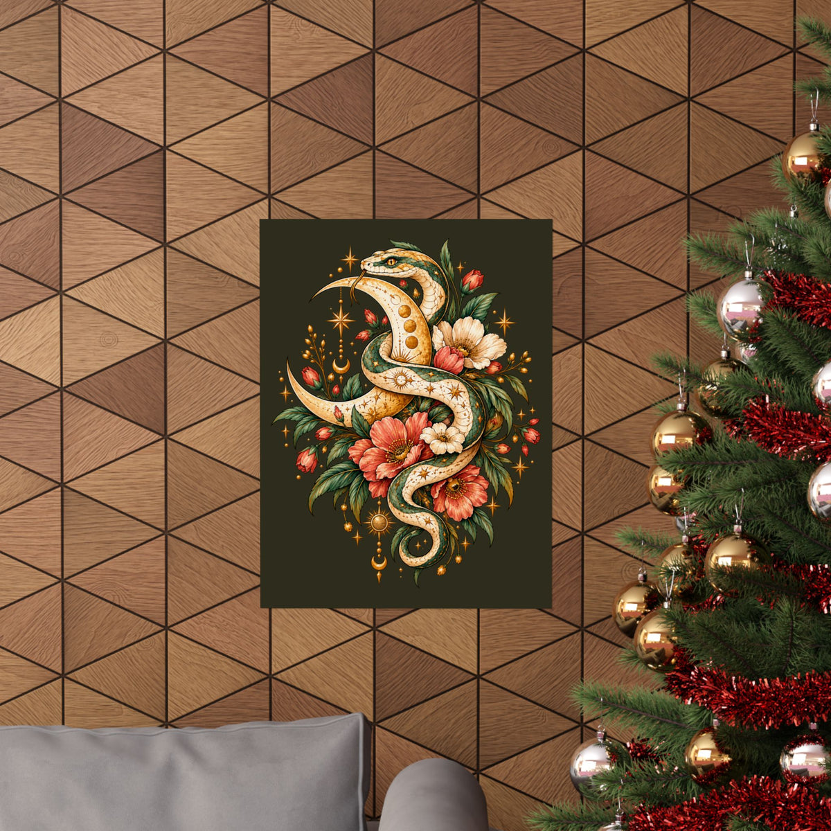 Floral Gold Snake Poster Matte Vertical Print | Botanical Serpent Wall Art