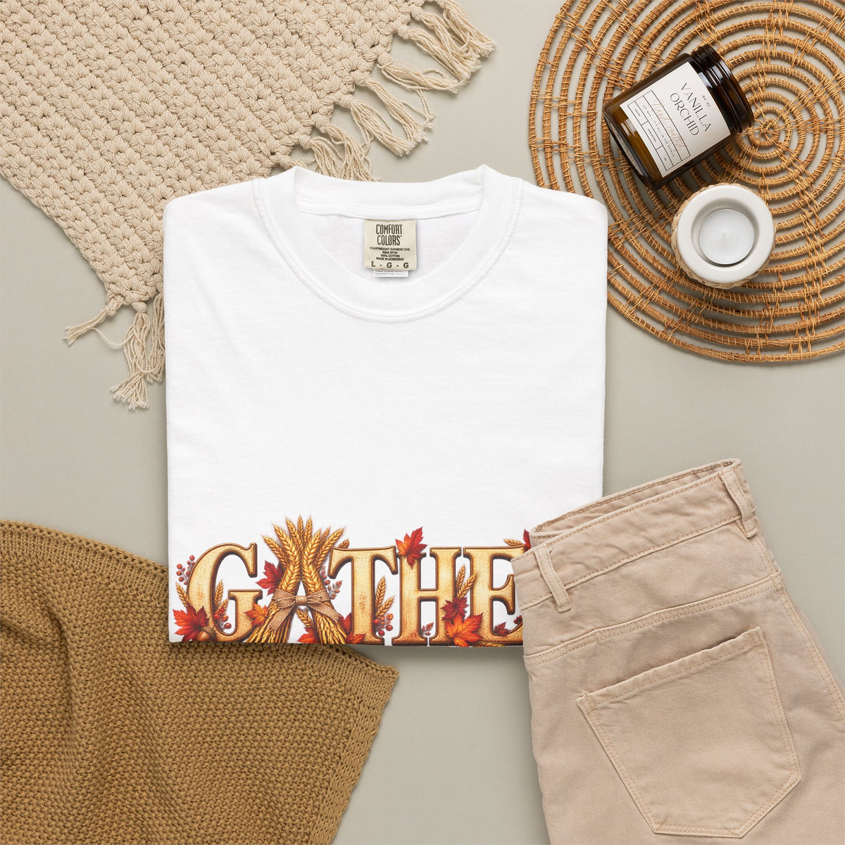 Gather Fall T-Shirt — Autumn Leaves Harvest Graphic Tee, Thanksgiving Family Gathering Shirt, Rustic Fall Gift