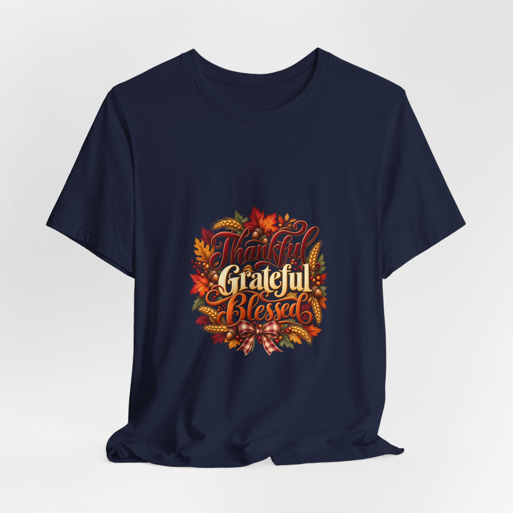Thankful Grateful Blessed T-Shirt — Fall Leaves Thanksgiving Tee, Autumn Gratitude Shirt, Family Matching Outfit