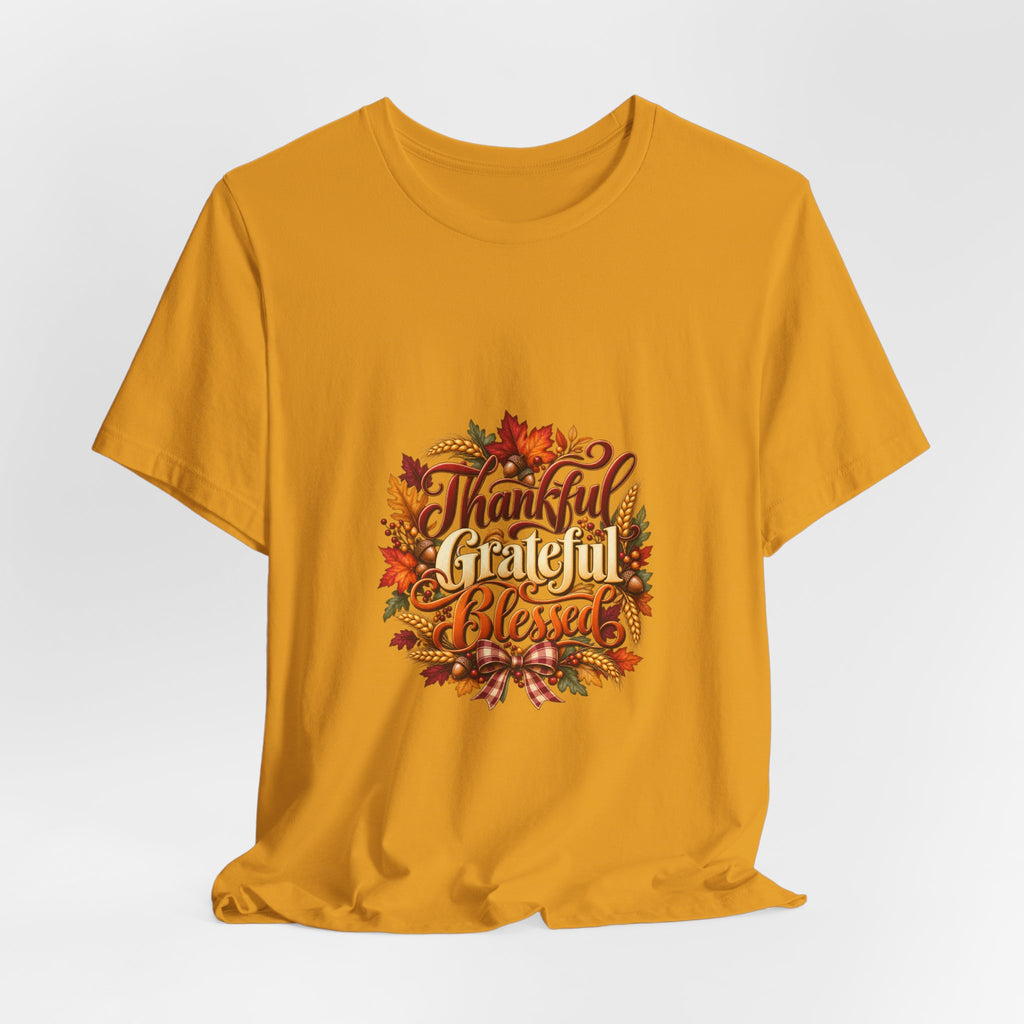 Thankful Grateful Blessed T-Shirt — Fall Leaves Thanksgiving Tee, Autumn Gratitude Shirt, Family Matching Outfit