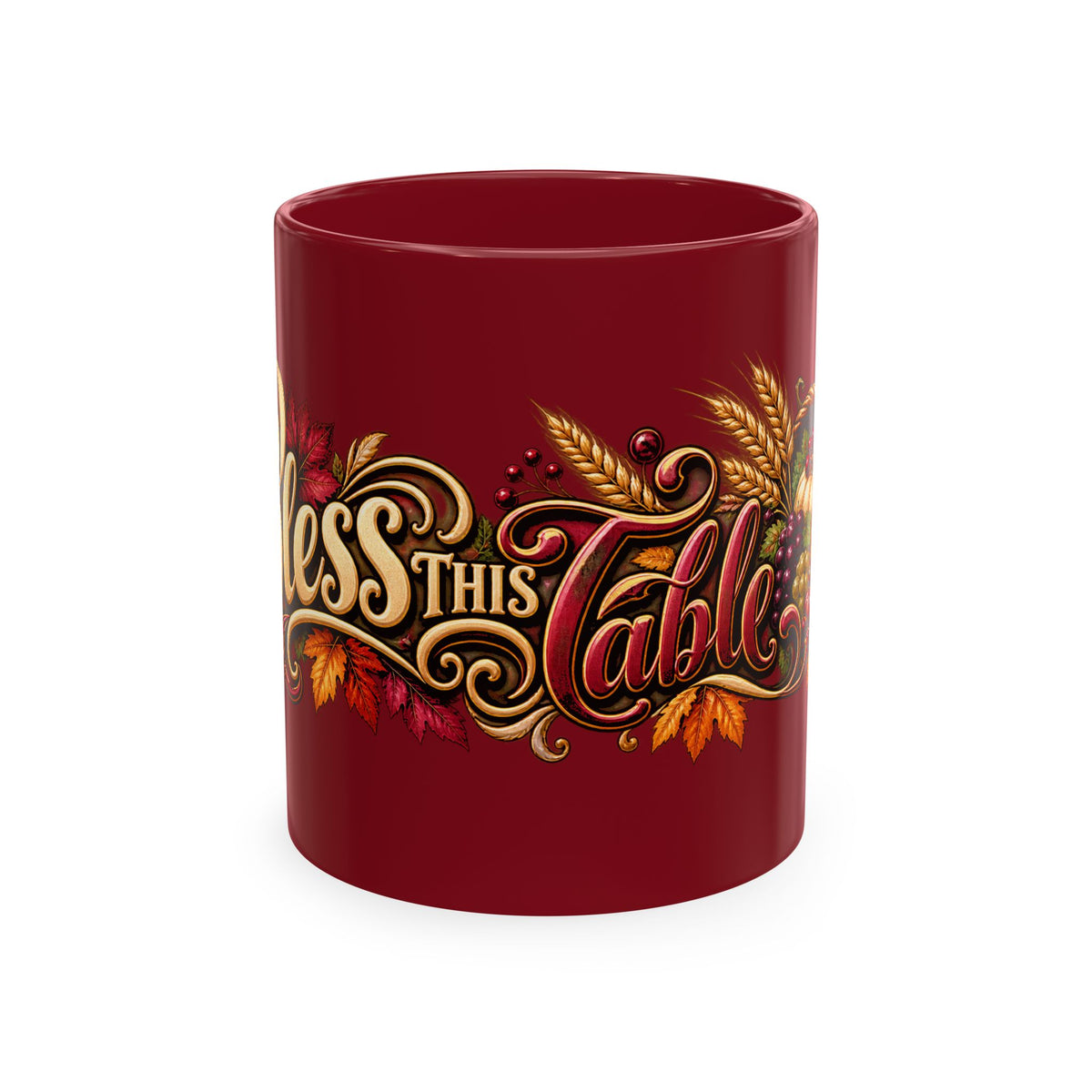 Bless This Table Mug — Harvest Thanksgiving Ceramic Coffee Mug, Cornucopia Gratitude Fall Harvest Gift