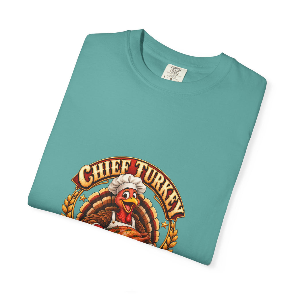 Chief Turkey Roaster T-Shirt — Retro Thanksgiving Emblem Tee, Vintage BBQ Turkey Badge Graphic Fall Shirt