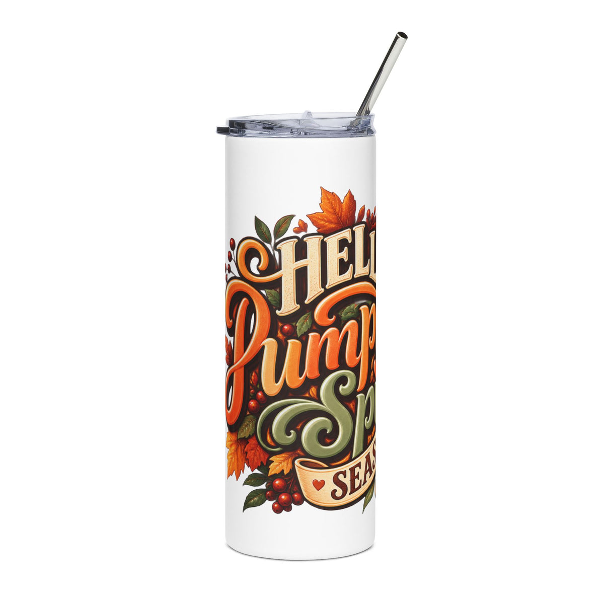 Hello Pumpkin Spice Season Tumbler | Fall Leaves Pumpkin Latte Design