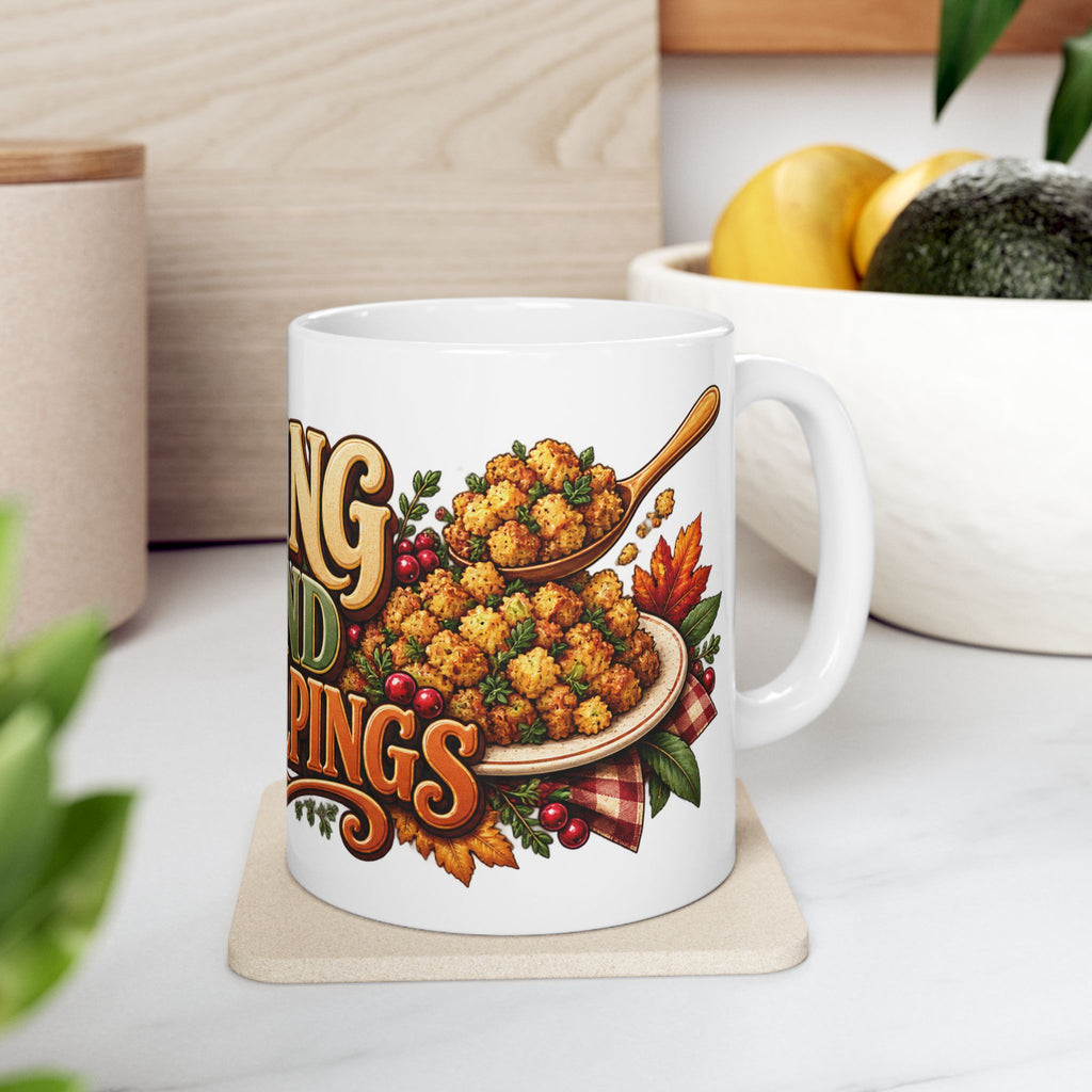 Stuffing & Second Helpings Mug — Funny Thanksgiving Ceramic Coffee Mug, Turkey Dinner Humor Gift for Foodies