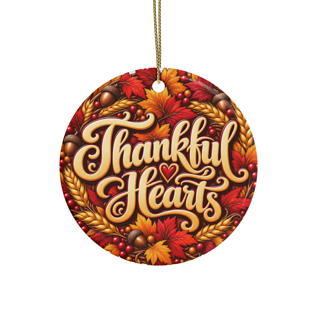 Thankful Hearts Ceramic Ornament — Fall Thanksgiving Family Keepsake, Maple Leaf Heart Holiday Tree Decoration