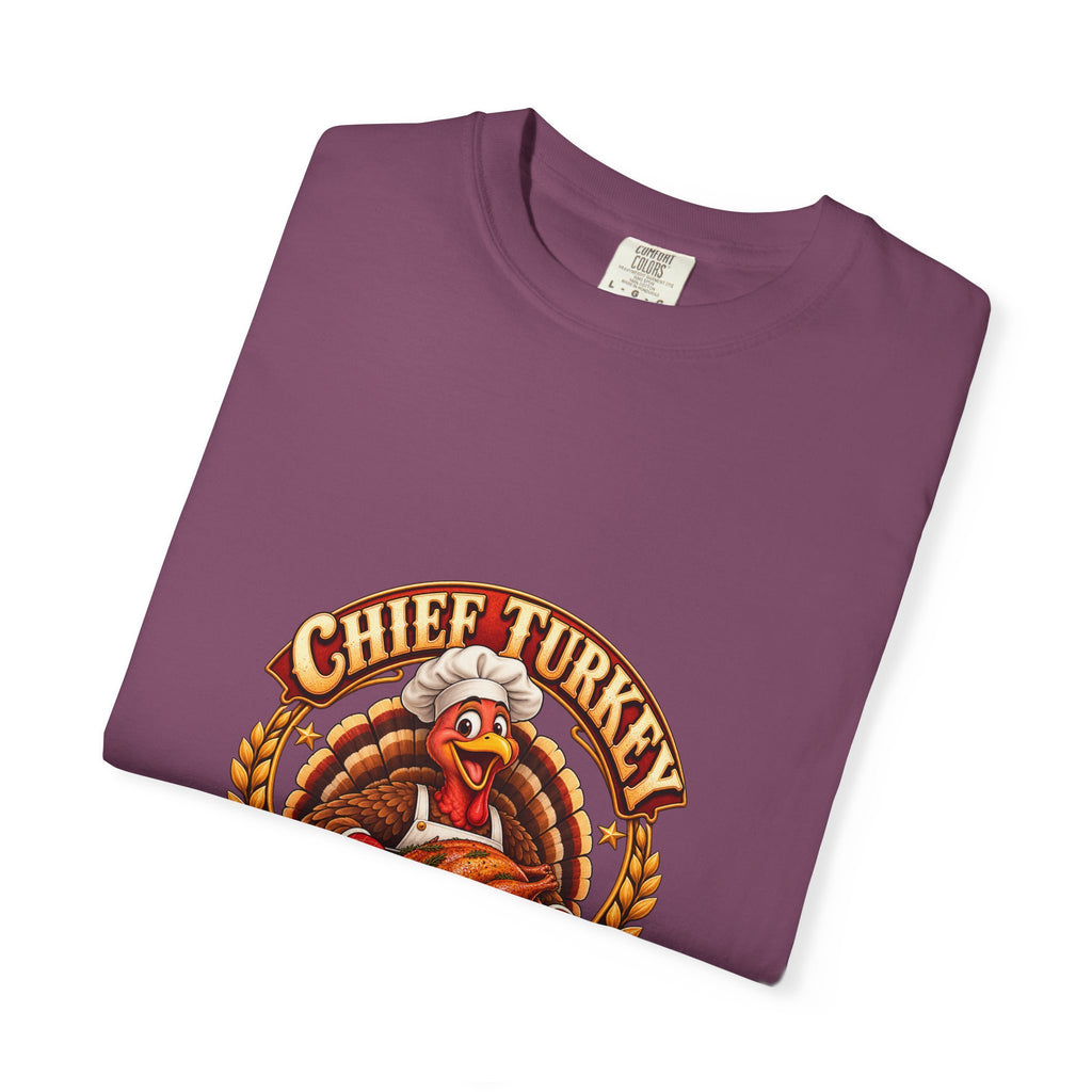 Chief Turkey Roaster T-Shirt — Retro Thanksgiving Emblem Tee, Vintage BBQ Turkey Badge Graphic Fall Shirt