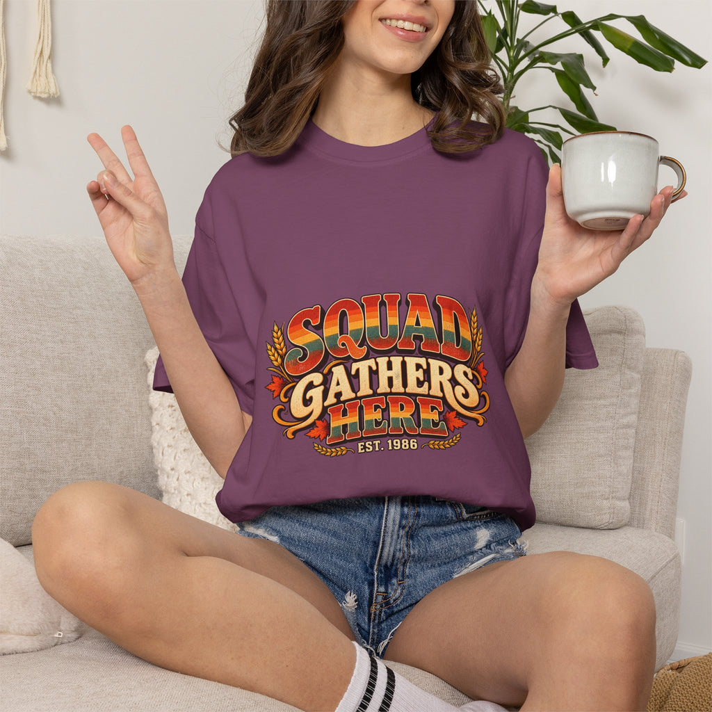 Squad Gathers Here T-Shirt — Retro Thanksgiving Family Reunion Tee, Vintage Fall Gathering Shirt, Friendsgiving