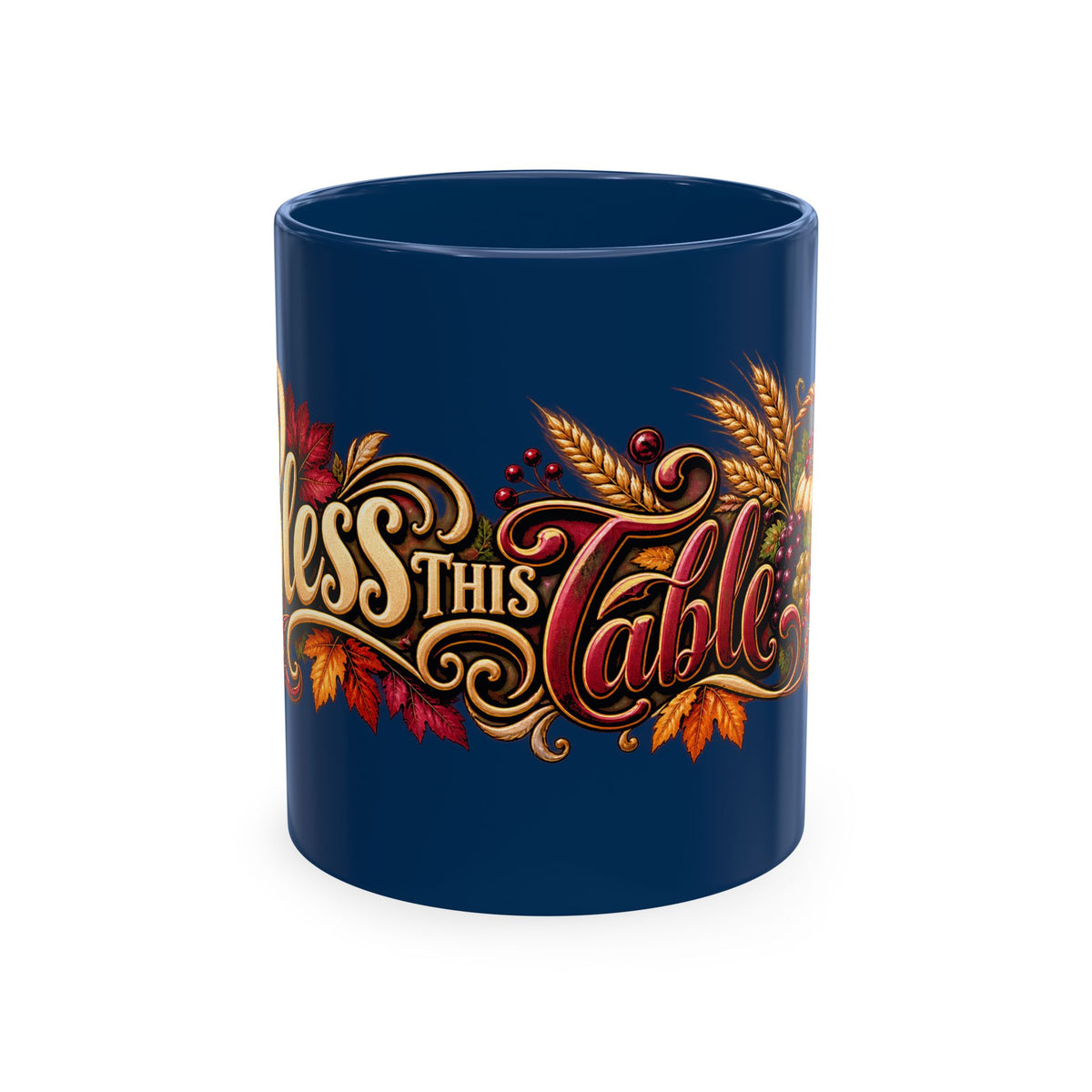 Bless This Table Mug — Harvest Thanksgiving Ceramic Coffee Mug, Cornucopia Gratitude Fall Harvest Gift