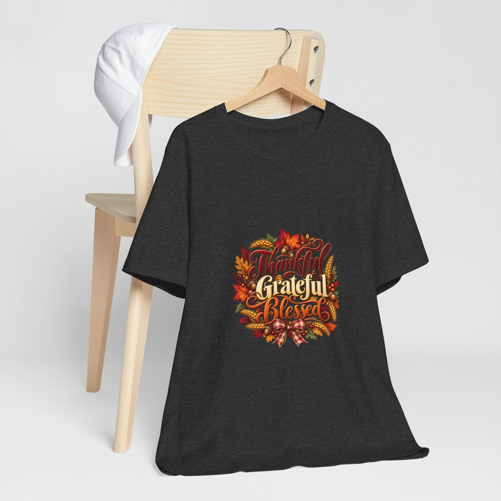 Thankful Grateful Blessed T-Shirt — Fall Leaves Thanksgiving Tee, Autumn Gratitude Shirt, Family Matching Outfit