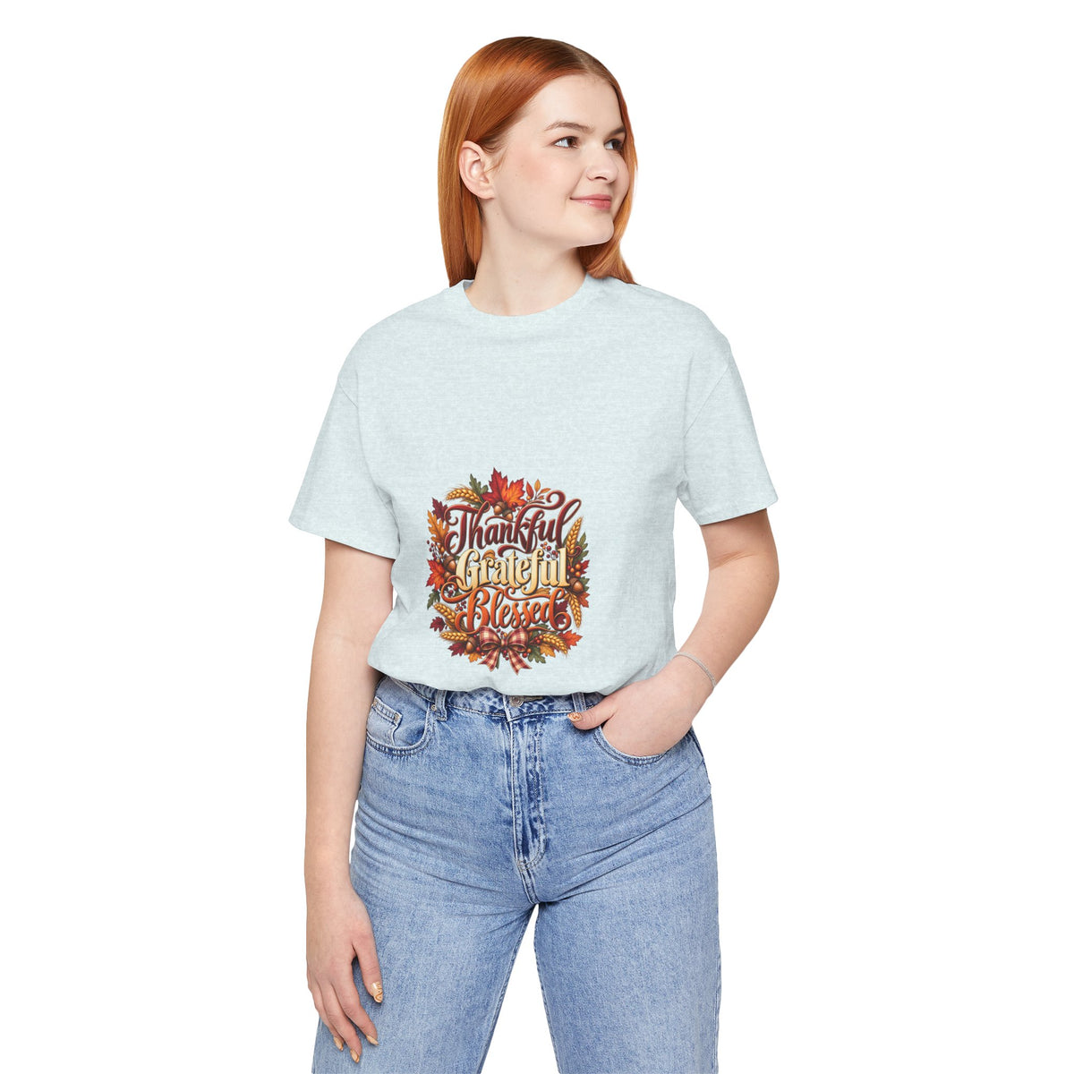 Thankful Grateful Blessed T-Shirt — Fall Leaves Thanksgiving Tee, Autumn Gratitude Shirt, Family Matching Outfit