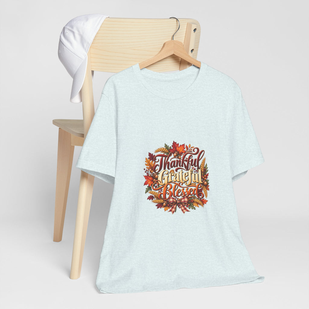 Thankful Grateful Blessed T-Shirt — Fall Leaves Thanksgiving Tee, Autumn Gratitude Shirt, Family Matching Outfit