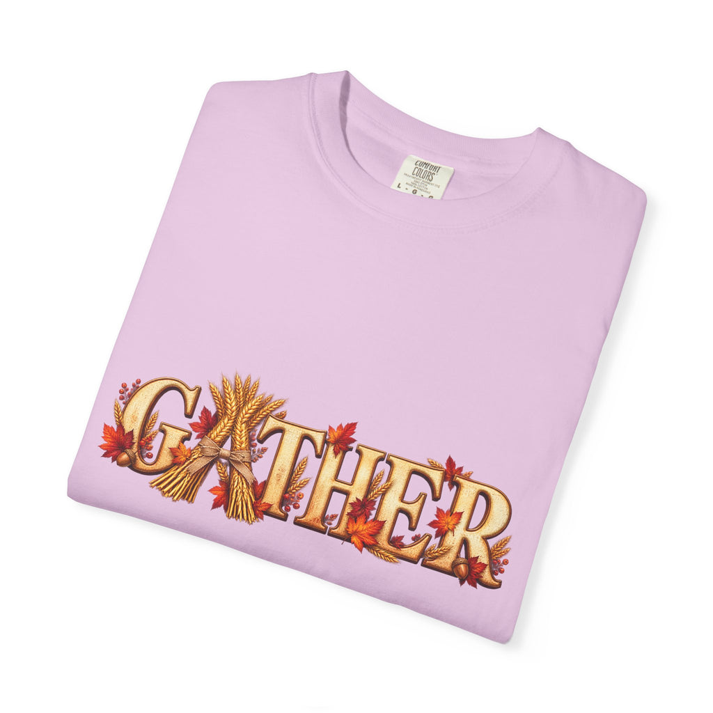 Gather Fall T-Shirt — Autumn Leaves Harvest Graphic Tee, Thanksgiving Family Gathering Shirt, Rustic Fall Gift