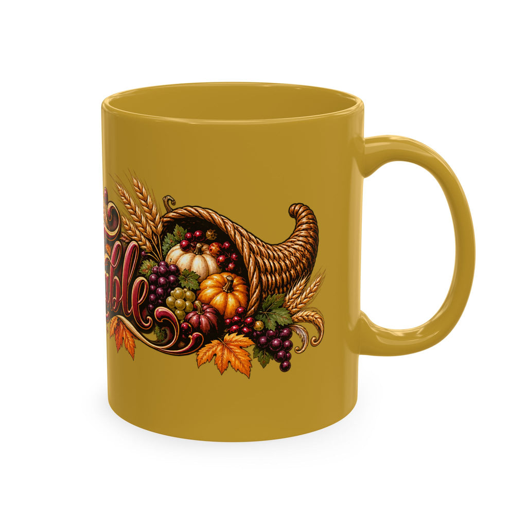 Bless This Table Mug — Harvest Thanksgiving Ceramic Coffee Mug, Cornucopia Gratitude Fall Harvest Gift