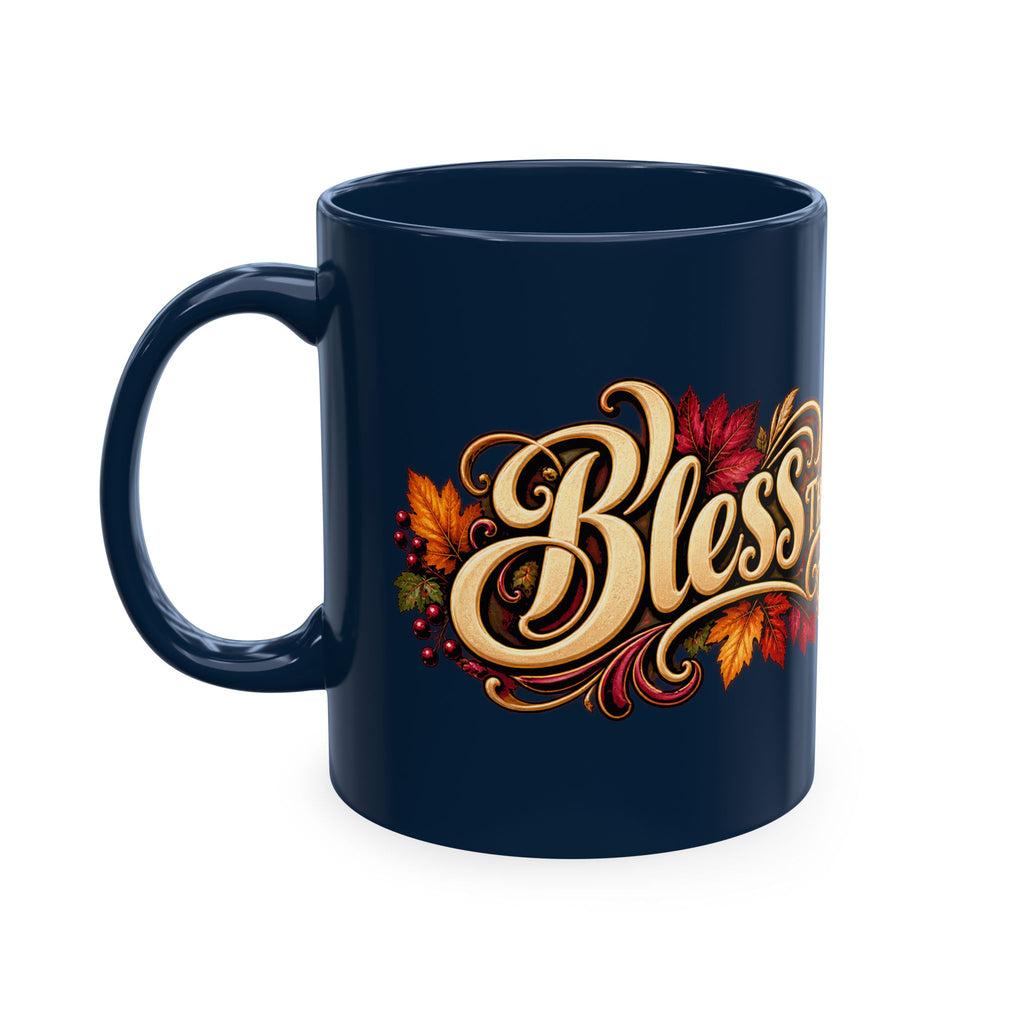 Bless This Table Mug — Harvest Thanksgiving Ceramic Coffee Mug, Cornucopia Gratitude Fall Harvest Gift