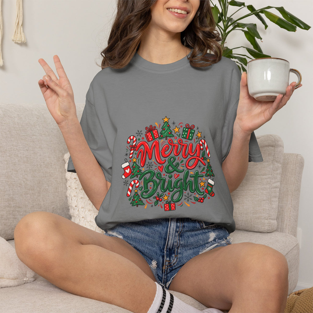 Merry & Bright Christmas T-Shirt | Festive Holiday Graphic Tee