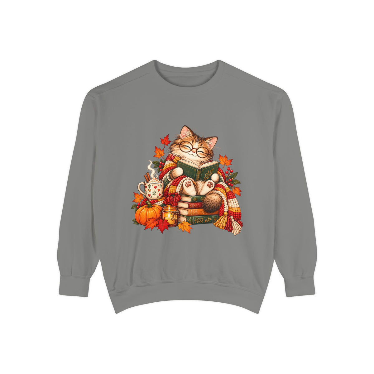 Cozy Reading Cat Sweatshirt | Autumn Leaves Pumpkin Fall Cozy