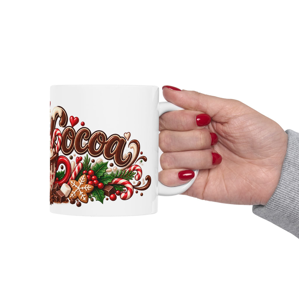 Hot Cocoa Ceramic Mug – Festive Holiday Hot Chocolate Cup with Candy Cane & Marshmallow Design (11oz, 15oz)