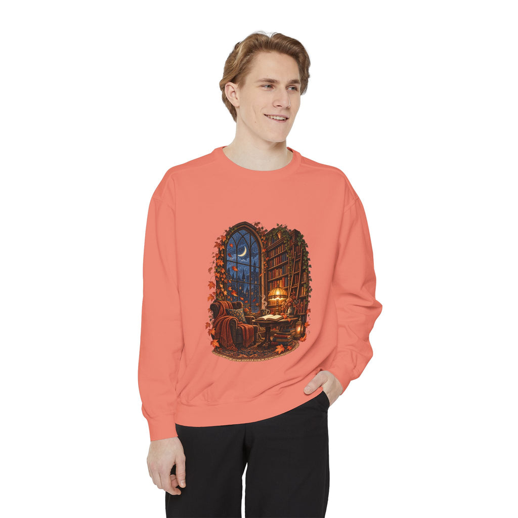 Cozy Nighttime Library Scene Sweatshirt | Reading Nook Illustration