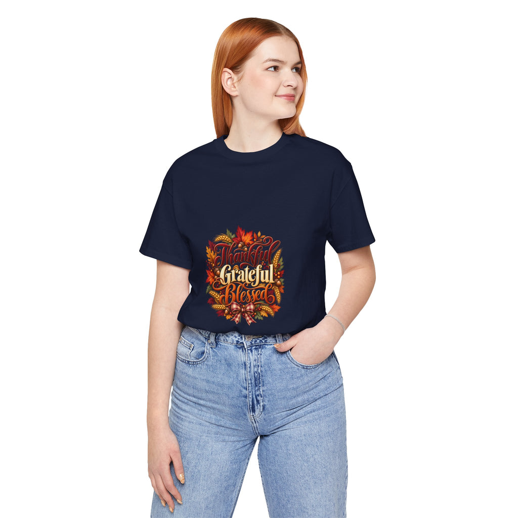 Thankful Grateful Blessed T-Shirt — Fall Leaves Thanksgiving Tee, Autumn Gratitude Shirt, Family Matching Outfit