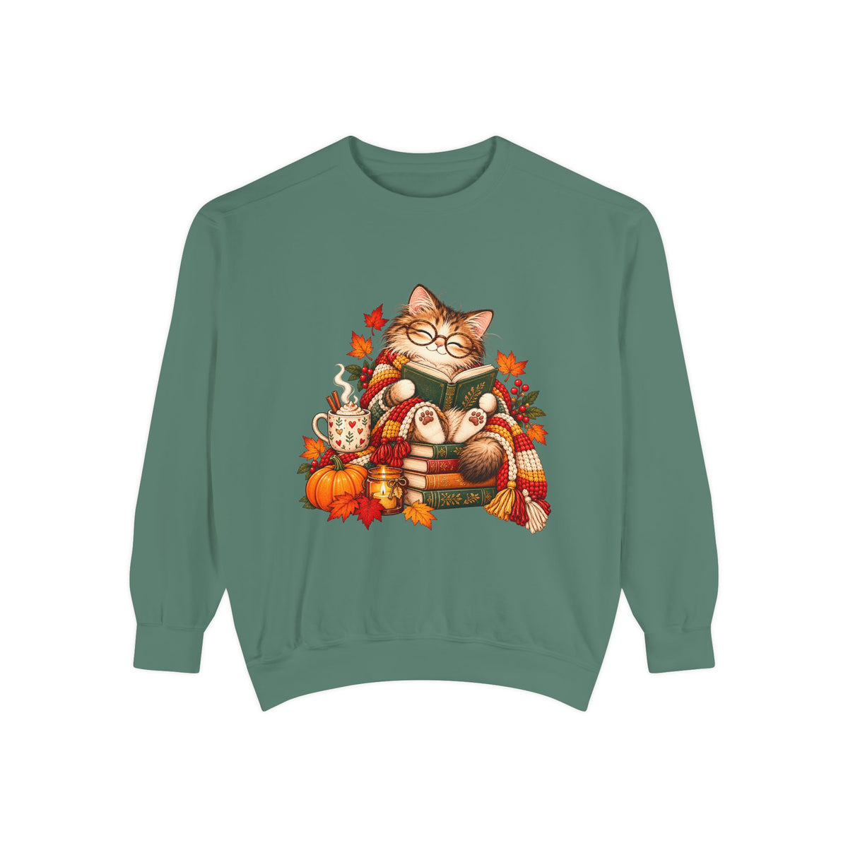 Cozy Reading Cat Sweatshirt | Autumn Leaves Pumpkin Fall Cozy