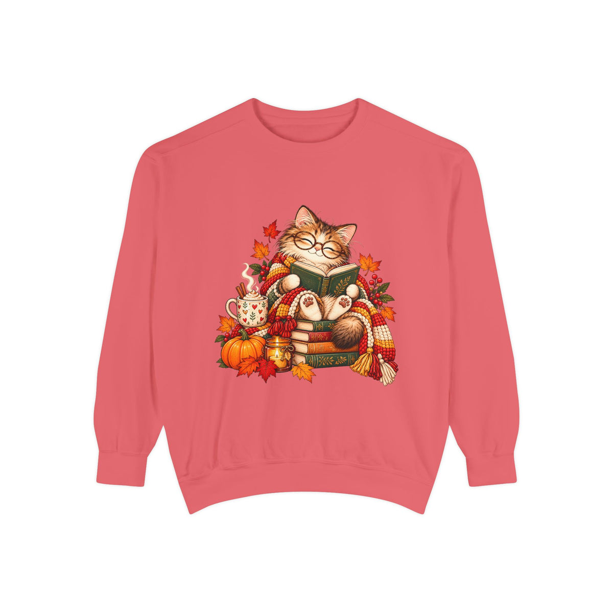 Cozy Reading Cat Sweatshirt | Autumn Leaves Pumpkin Fall Cozy