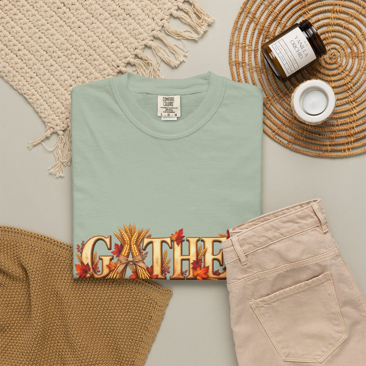Gather Fall T-Shirt — Autumn Leaves Harvest Graphic Tee, Thanksgiving Family Gathering Shirt, Rustic Fall Gift