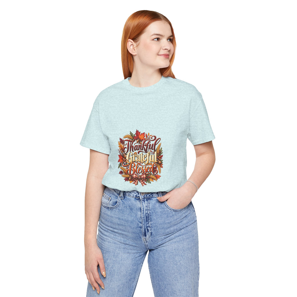 Thankful Grateful Blessed T-Shirt — Fall Leaves Thanksgiving Tee, Autumn Gratitude Shirt, Family Matching Outfit