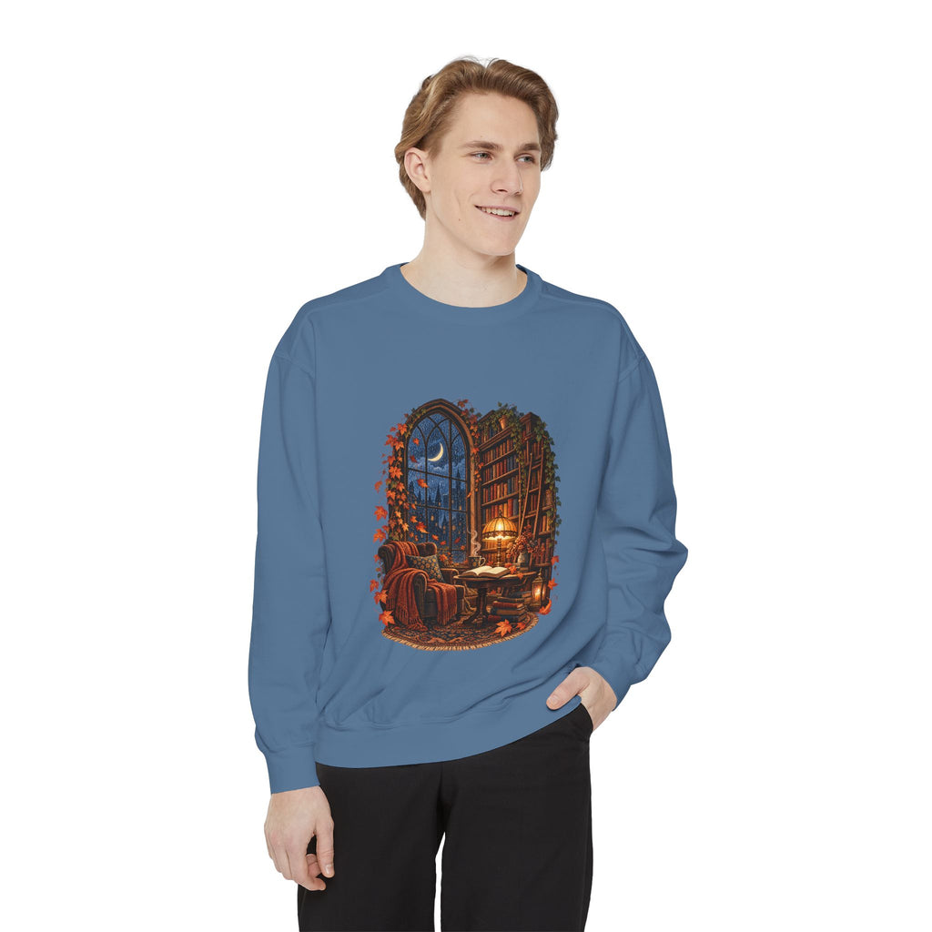 Cozy Nighttime Library Scene Sweatshirt | Reading Nook Illustration
