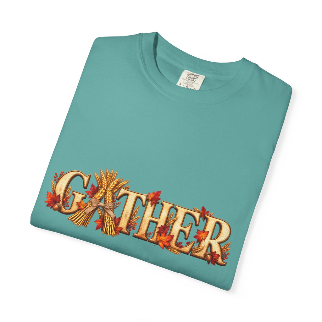 Gather Fall T-Shirt — Autumn Leaves Harvest Graphic Tee, Thanksgiving Family Gathering Shirt, Rustic Fall Gift