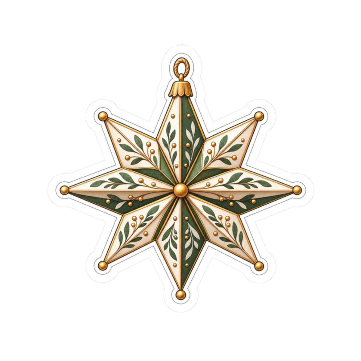 Vintage Star Ornament Sticker — Green & Gold Holiday Kiss-Cut Sticker