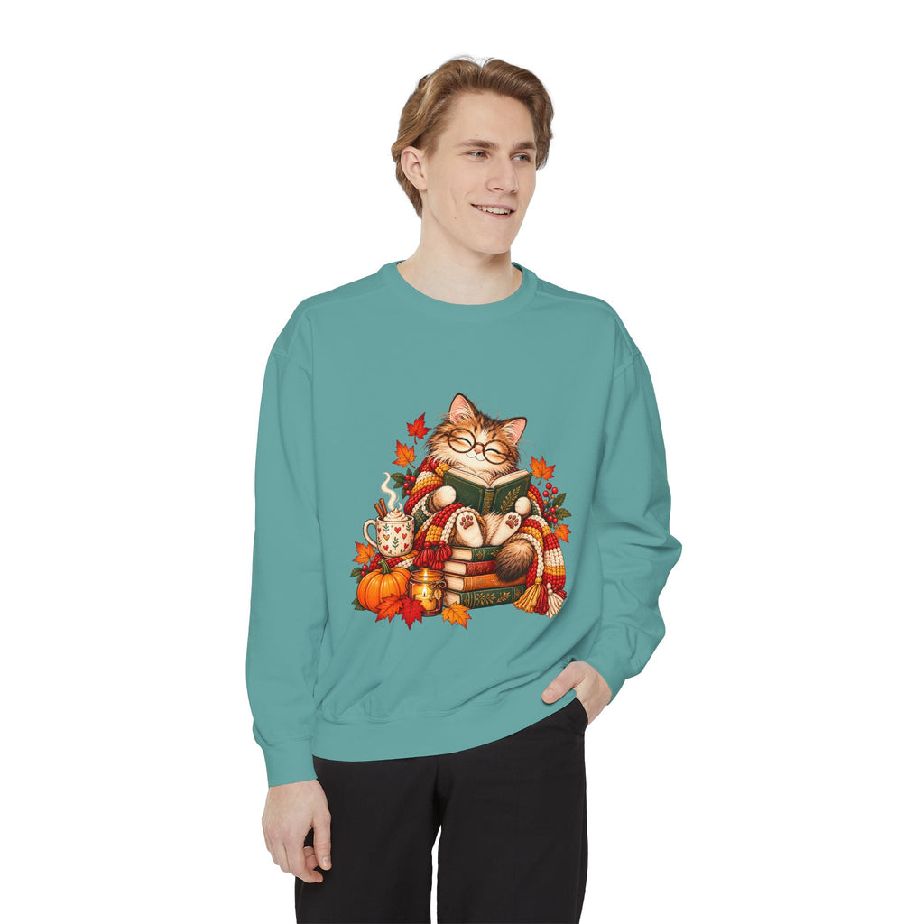 Cozy Reading Cat Sweatshirt | Autumn Leaves Pumpkin Fall Cozy