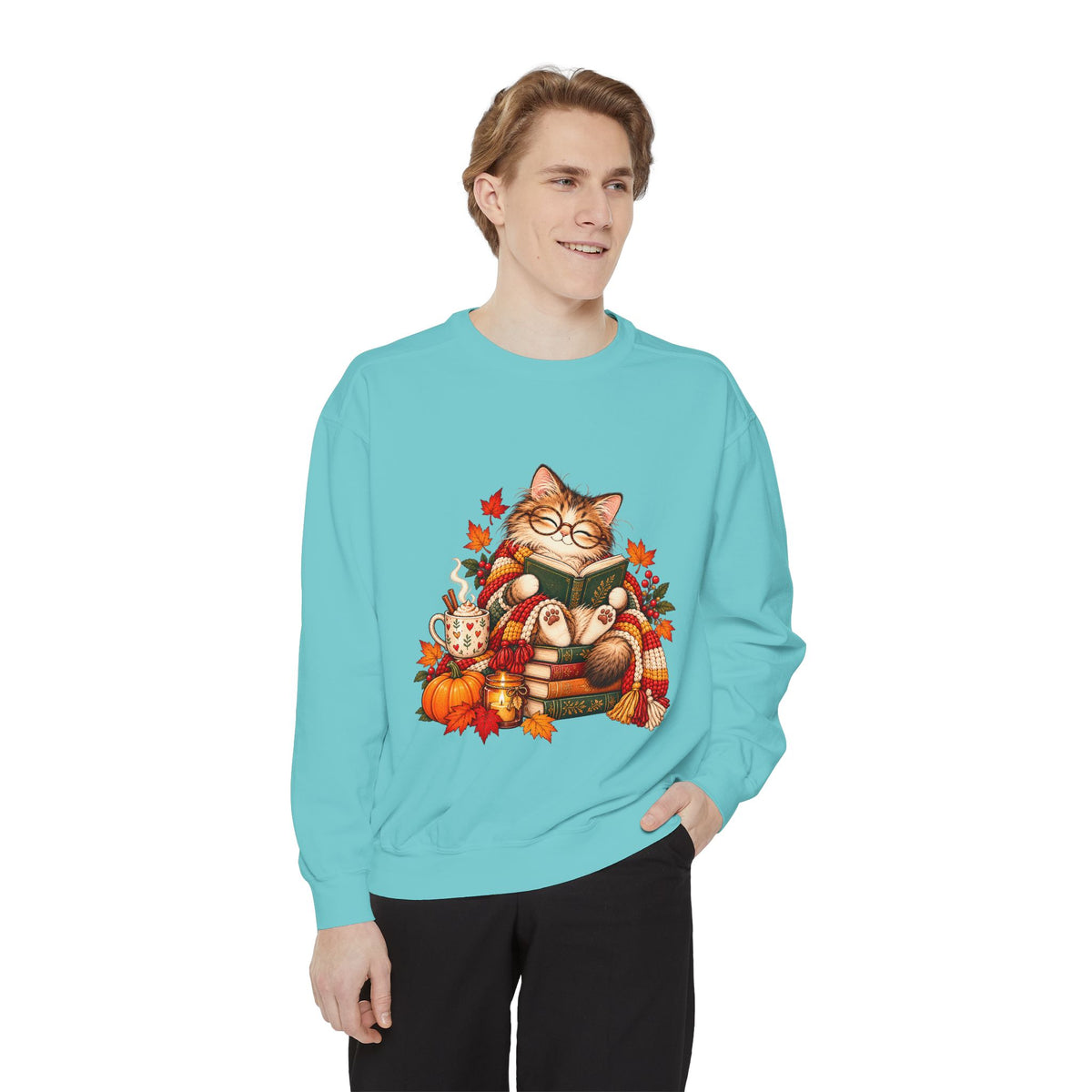 Cozy Reading Cat Sweatshirt | Autumn Leaves Pumpkin Fall Cozy