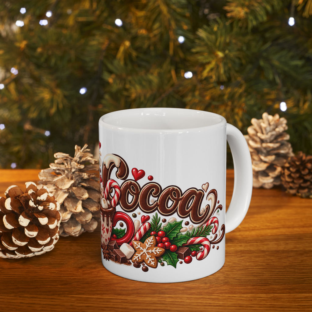 Hot Cocoa Ceramic Mug – Festive Holiday Hot Chocolate Cup with Candy Cane & Marshmallow Design (11oz, 15oz)