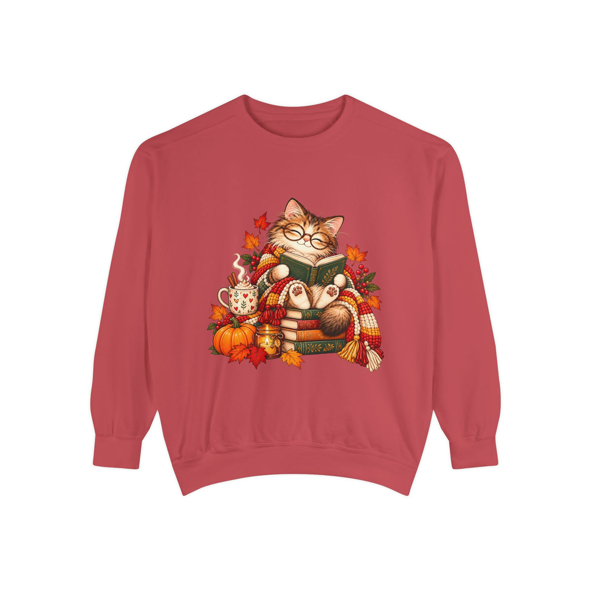 Cozy Reading Cat Sweatshirt | Autumn Leaves Pumpkin Fall Cozy