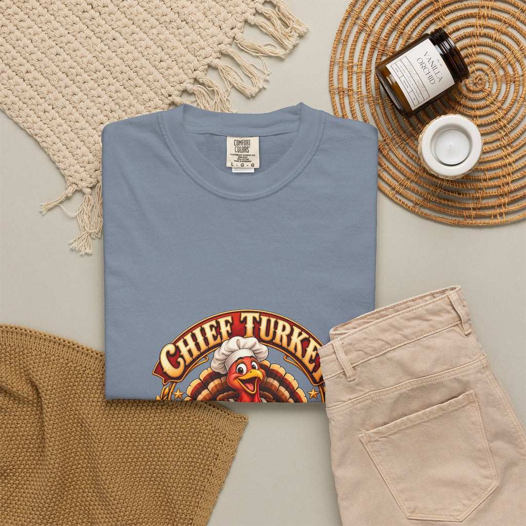 Chief Turkey Roaster T-Shirt — Retro Thanksgiving Emblem Tee, Vintage BBQ Turkey Badge Graphic Fall Shirt