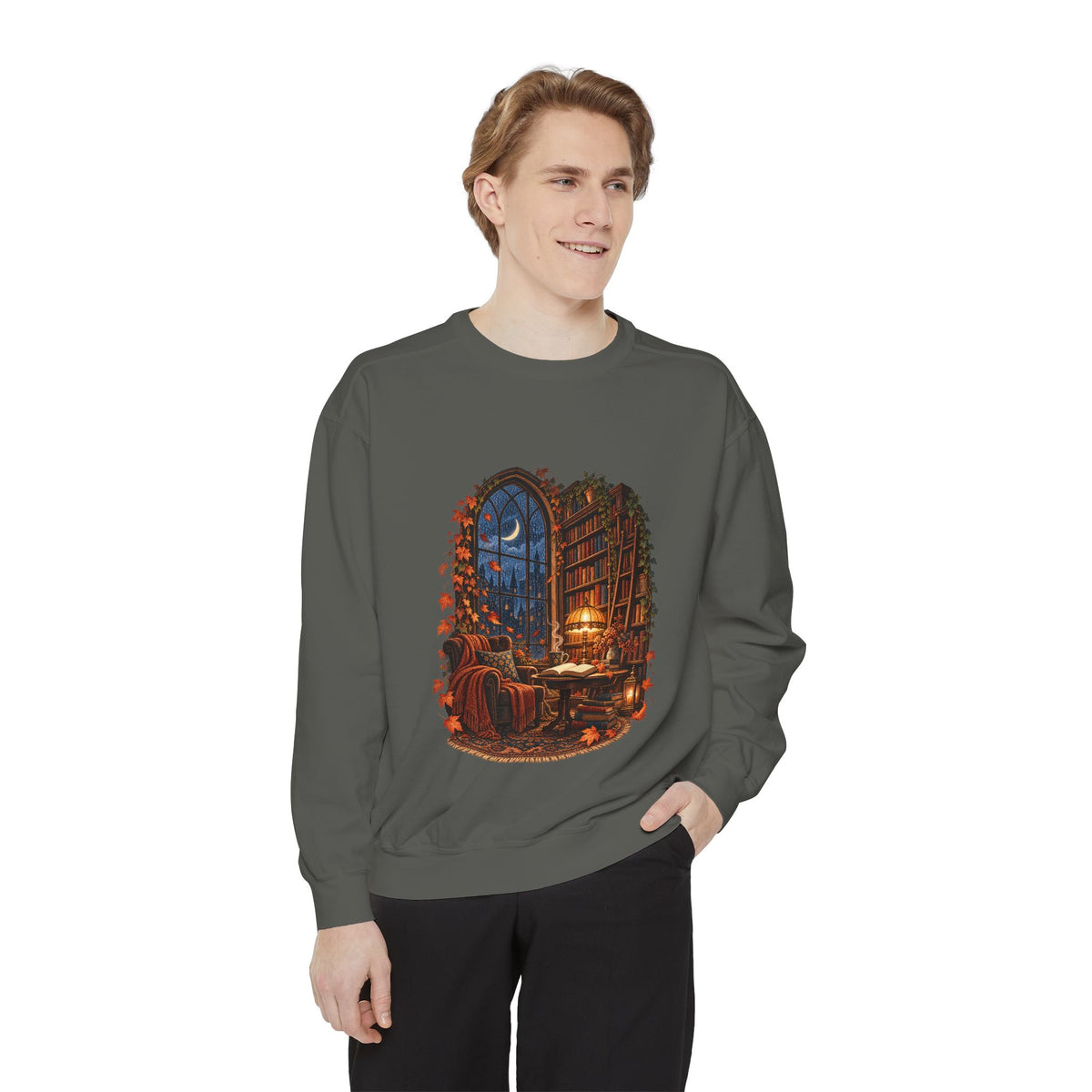 Cozy Nighttime Library Scene Sweatshirt | Reading Nook Illustration