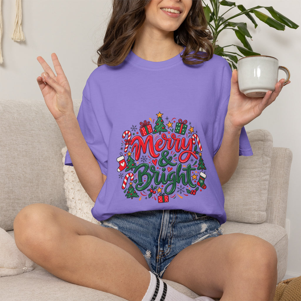 Merry & Bright Christmas T-Shirt | Festive Holiday Graphic Tee