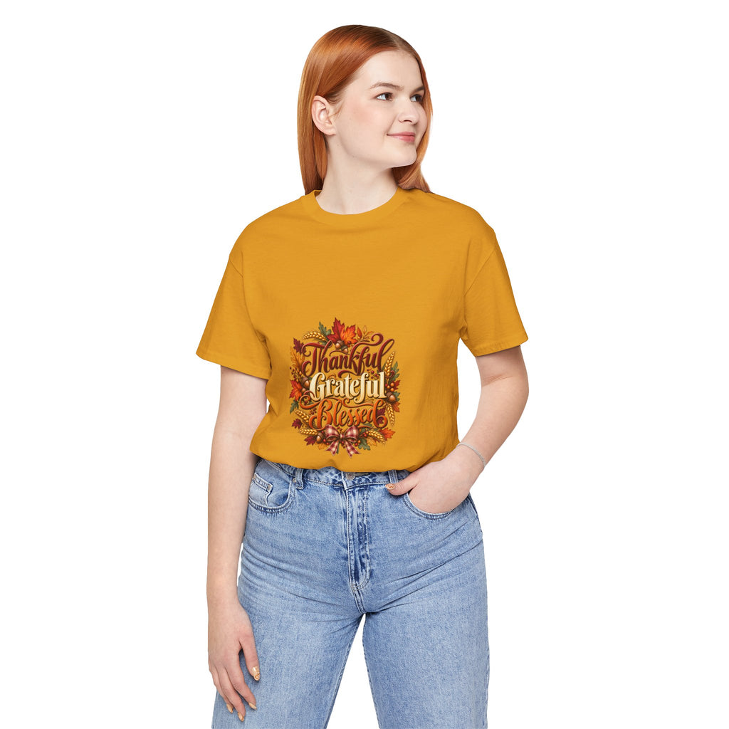 Thankful Grateful Blessed T-Shirt — Fall Leaves Thanksgiving Tee, Autumn Gratitude Shirt, Family Matching Outfit