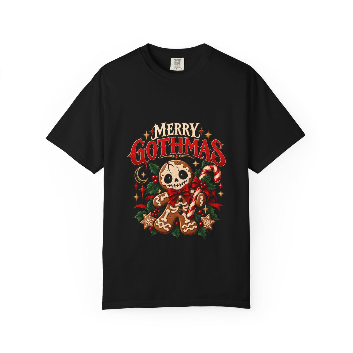 Merry Gothmas skull gingerbread graphic T-shirt | Gothic Christmas tee