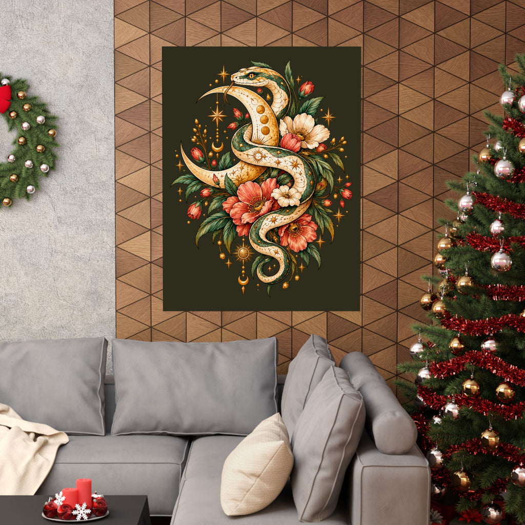 Floral Gold Snake Poster Matte Vertical Print | Botanical Serpent Wall Art