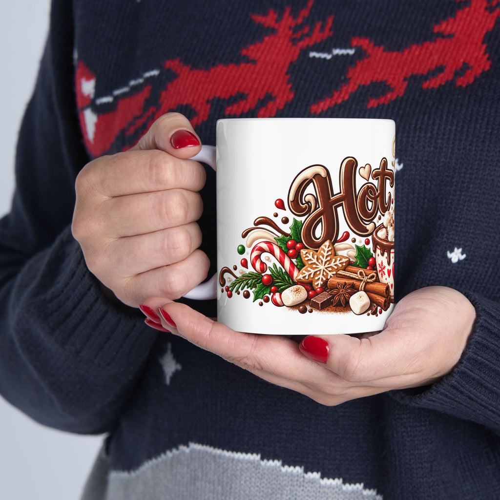 Hot Cocoa Ceramic Mug – Festive Holiday Hot Chocolate Cup with Candy Cane & Marshmallow Design (11oz, 15oz)