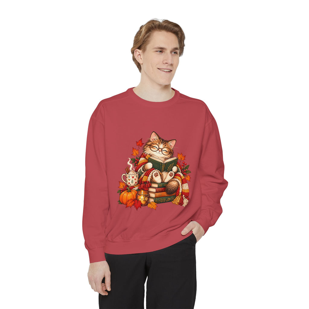 Cozy Reading Cat Sweatshirt | Autumn Leaves Pumpkin Fall Cozy