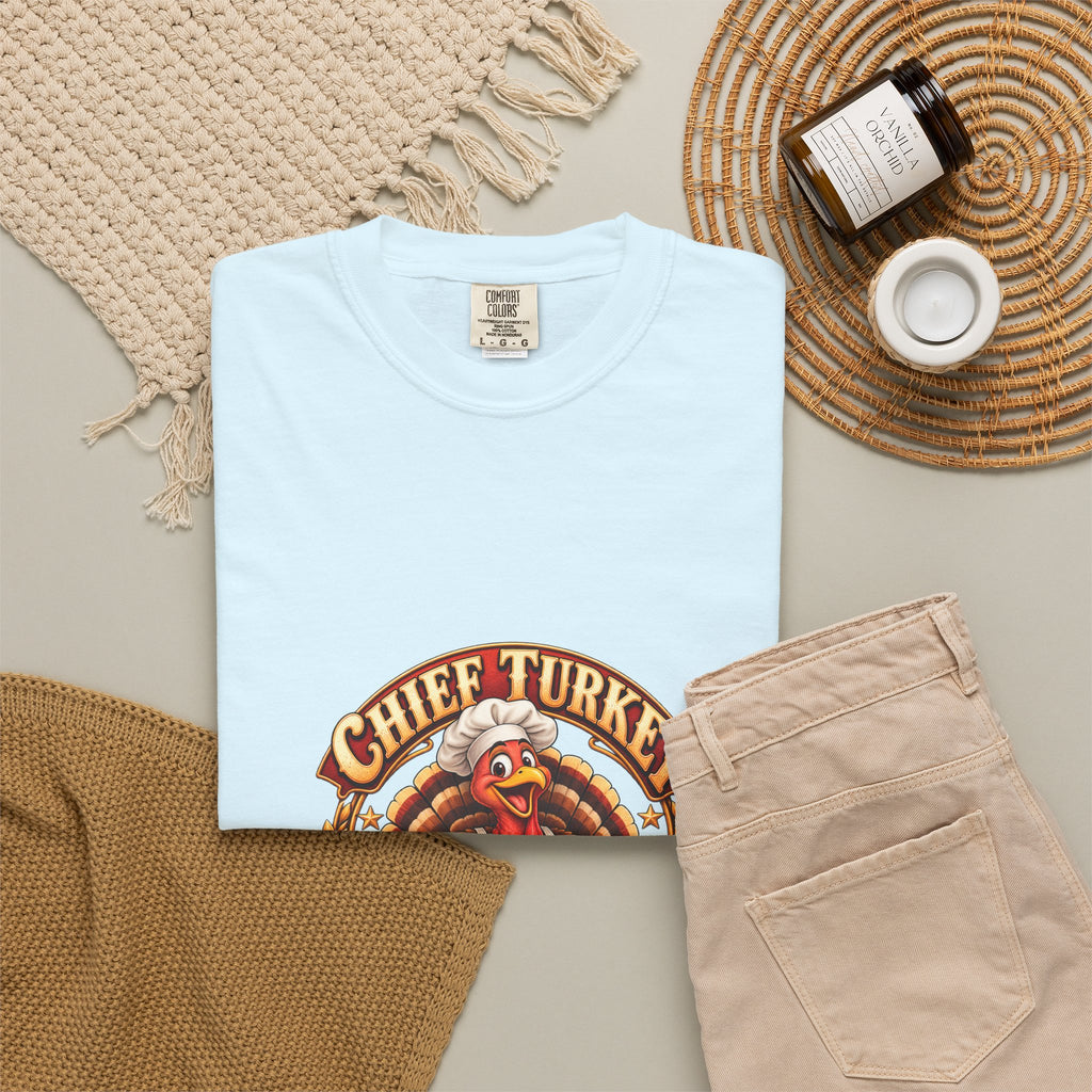 Chief Turkey Roaster T-Shirt — Retro Thanksgiving Emblem Tee, Vintage BBQ Turkey Badge Graphic Fall Shirt