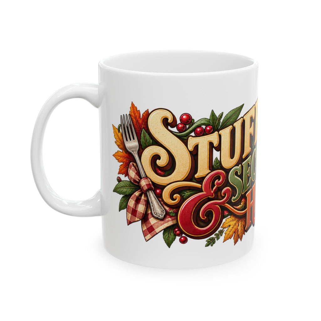 Stuffing & Second Helpings Mug — Funny Thanksgiving Ceramic Coffee Mug, Turkey Dinner Humor Gift for Foodies