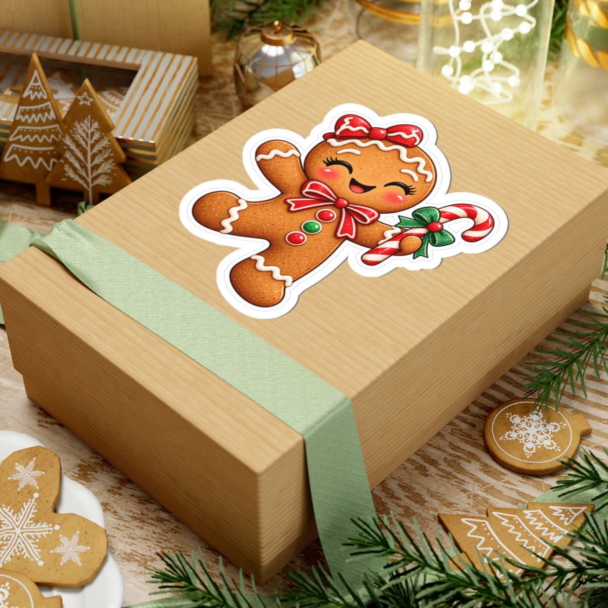 Gingerbread Cookie Kiss-Cut Sticker — Cute Holiday Candy Cane Design