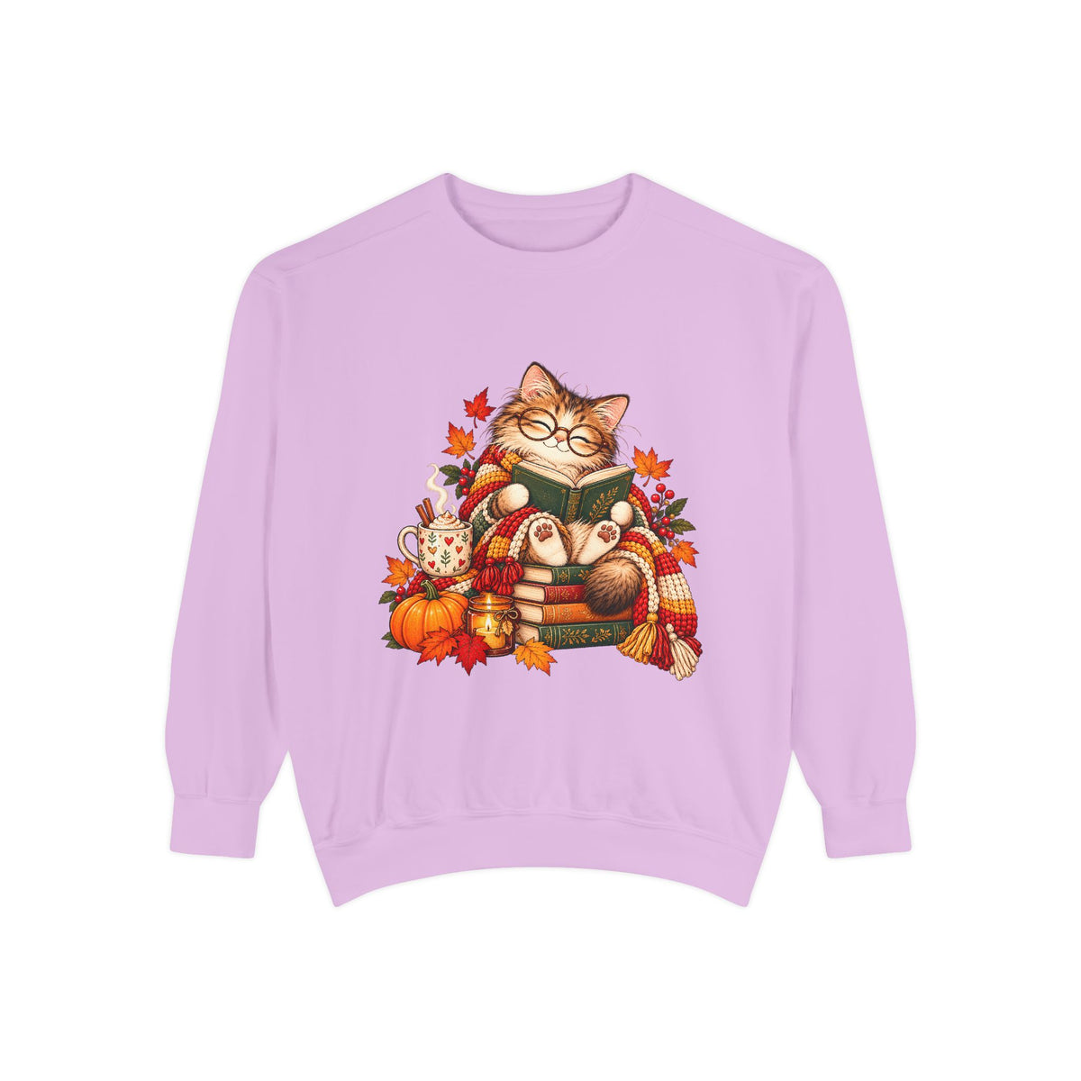 Cozy Reading Cat Sweatshirt | Autumn Leaves Pumpkin Fall Cozy