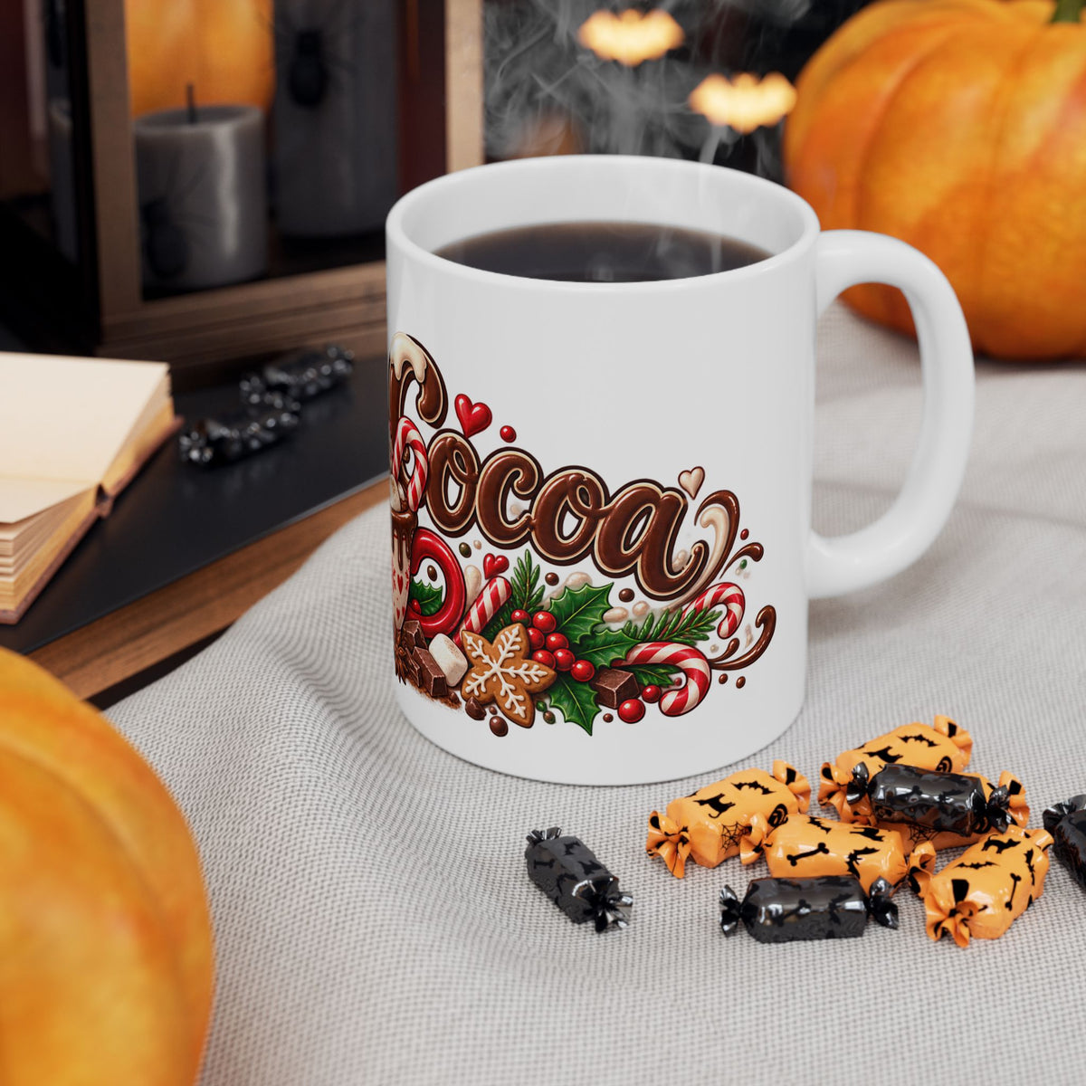 Hot Cocoa Ceramic Mug – Festive Holiday Hot Chocolate Cup with Candy Cane & Marshmallow Design (11oz, 15oz)