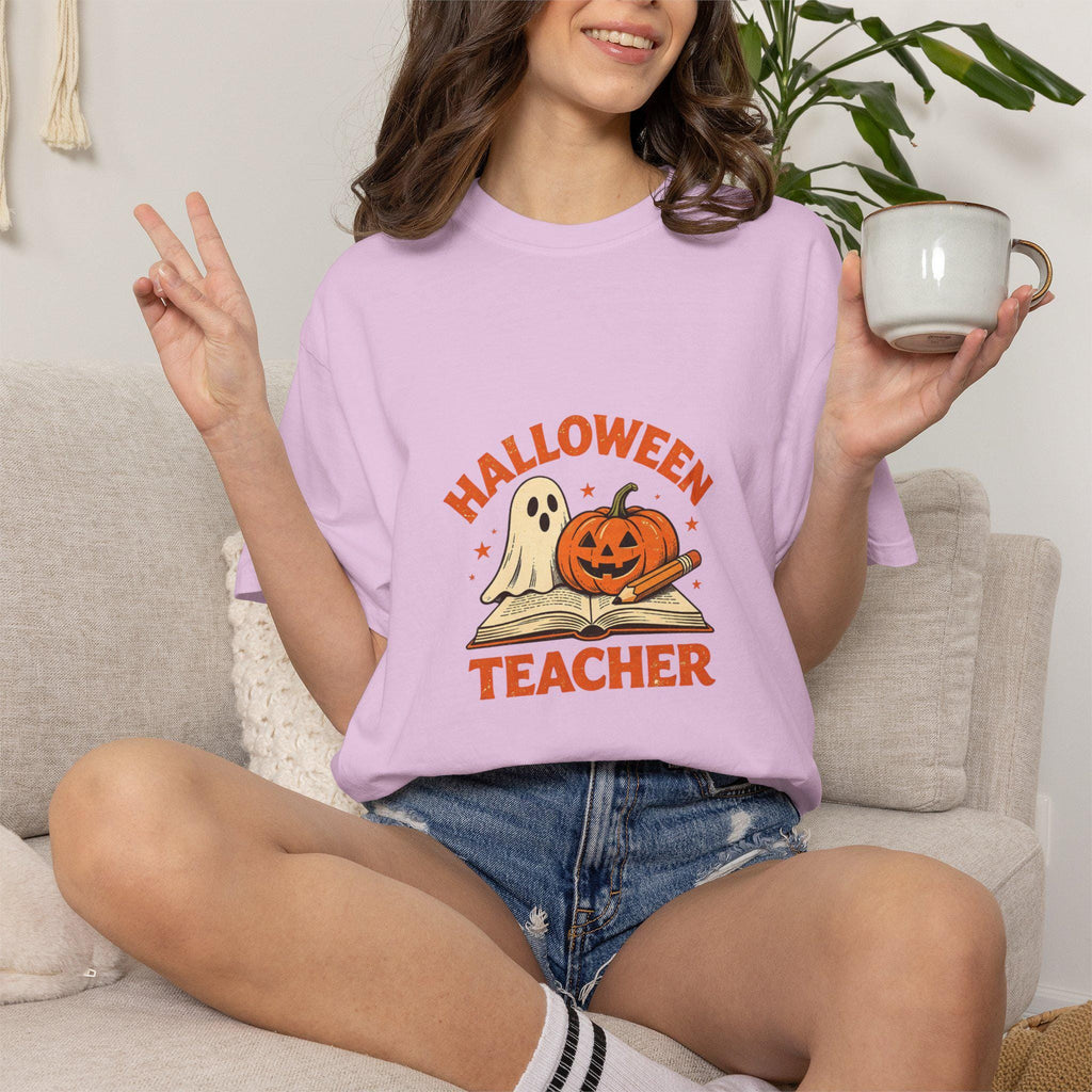 Halloween Teacher T-shirt | Ghost and Jack-o'-Lantern Book Illustration