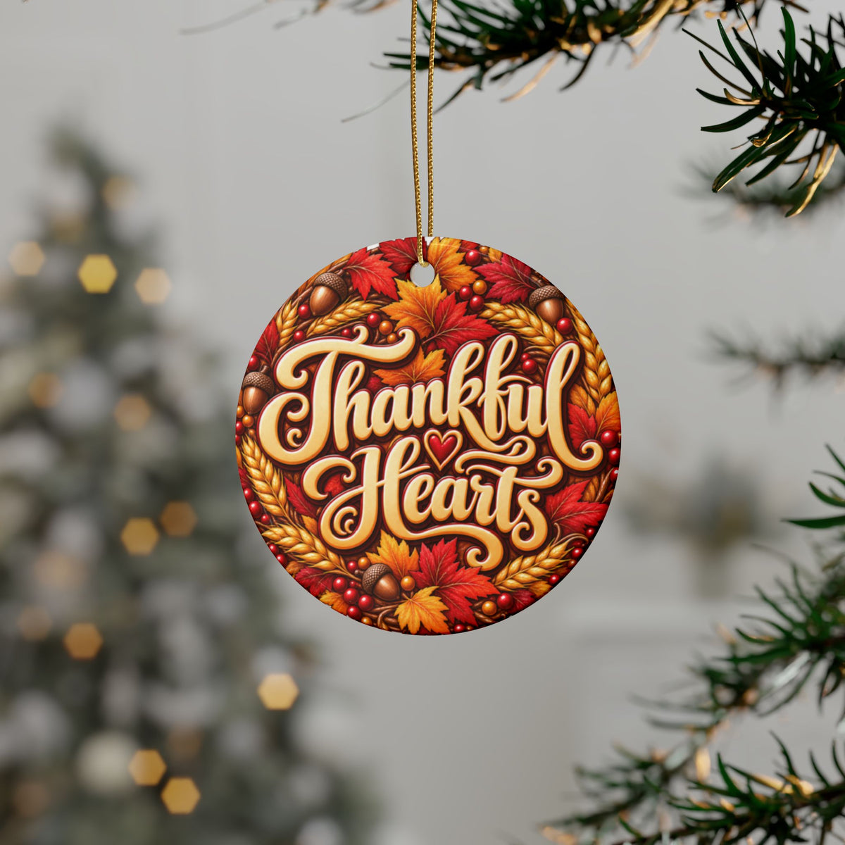 Thankful Hearts Ceramic Ornament — Fall Thanksgiving Family Keepsake, Maple Leaf Heart Holiday Tree Decoration